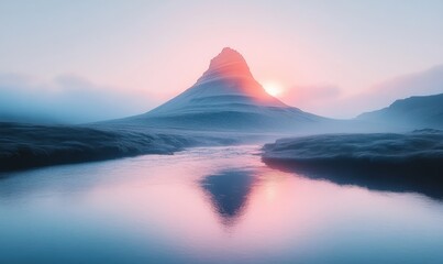 Naklejka premium Watercolor Long exposure shot of the Kirkjufell mountain with the river in the foreground, in Iceland, sunrsie, epic view