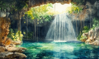 Naklejka premium Watercolor Ik-Kil Cenote - Lovely cenote in Yucatan Peninsulla with transparent waters and hanging roots. Chichen Itza, Mexico