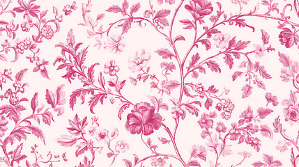 Vintage inspired seamless Toile de Jouy pattern featuring intricate floral designs in shades of pink on soft cream background, evoking classic and elegant aesthetic