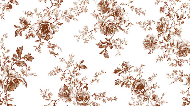 Vintage inspired seamless Toile de Jouy pattern featuring intricate floral designs in warm brown tones on white background, evoking classic and elegant aesthetic