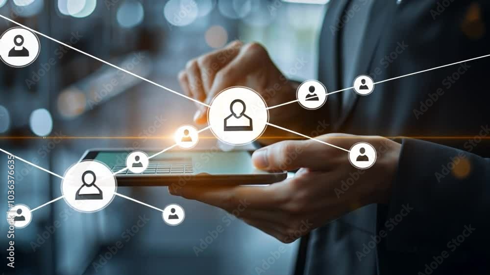 Poster A person using a laptop interacts with digital icons that symbolize networking and connections, reflecting modern technology in a contemporary office environment.