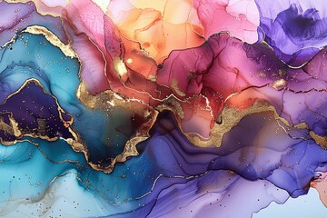 Vibrant Fantasy Alcohol Ink Painting with Gold Details, Soft Colors, and High Resolution Textures