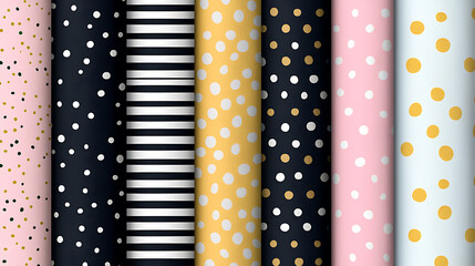Seamless pattern featuring mix of stripes and dots in various colors, including black, pink, and gold. This design adds playful and modern touch to any project
