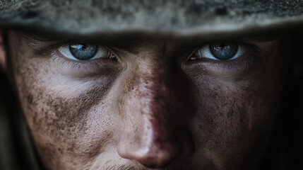 Obraz premium Soldier’s Face Highlighted in 1914 War Portrait Photography