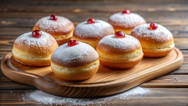 Tray of powdered sufganiyot with jelly topping on wooden table
