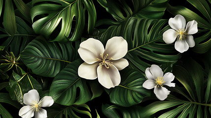 Obraz premium vibrant and lush seamless pattern featuring tropical leaves and delicate white flowers, creating serene and refreshing atmosphere. Perfect for nature inspired designs