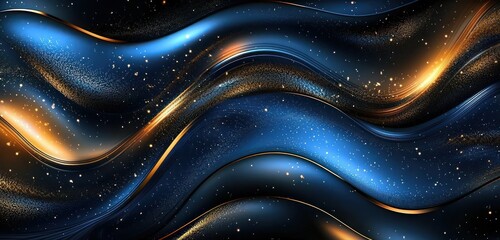 Fototapeta premium Glittery abstract background in shades of blue, gold, and black for festive events.