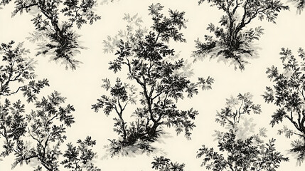 Delicate Toile de Jouy seamless pattern featuring vintage trees and foliage, creating classic and elegant atmosphere for interior design