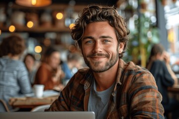 Obraz premium Smiling Designer Using Laptop at Desk in Office with Coworkers Working Behind