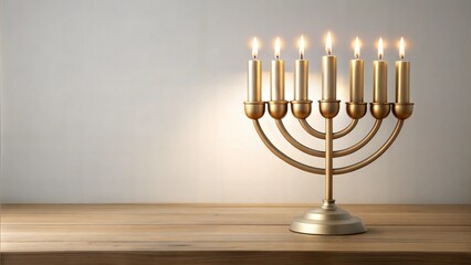 Fototapeta premium Lit menorah on wooden table with simple white background