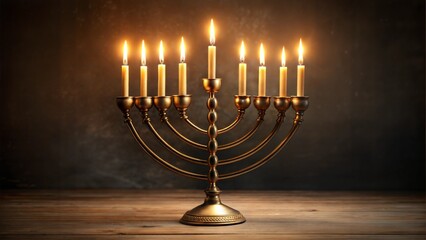 Lit menorah on wooden surface with dark background for Hanukkah