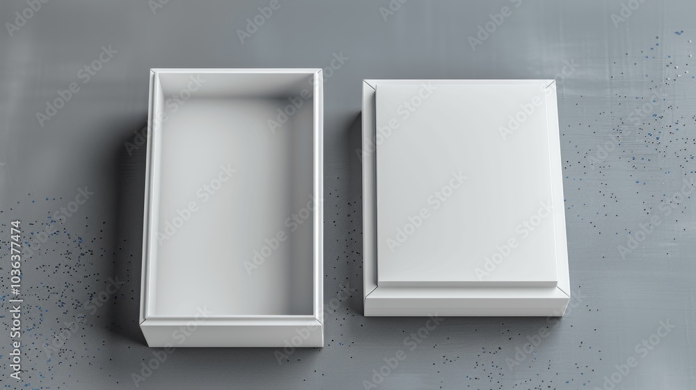 Poster Blank White Open and Closed Vertical Rectangle Box Mockup Template on Grey Background Top View 3D Rendering