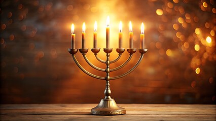 Lit menorah with glowing golden bokeh lights in background