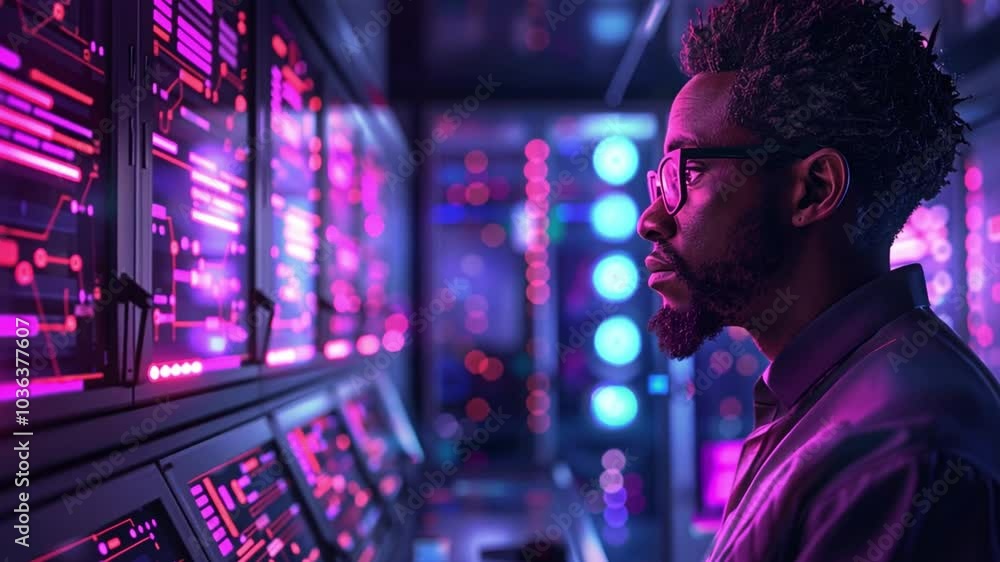 Poster A technician intently observes vibrant screens displaying data in a control room. The colorful lights create an atmosphere of concentration and high-tech activity at night.