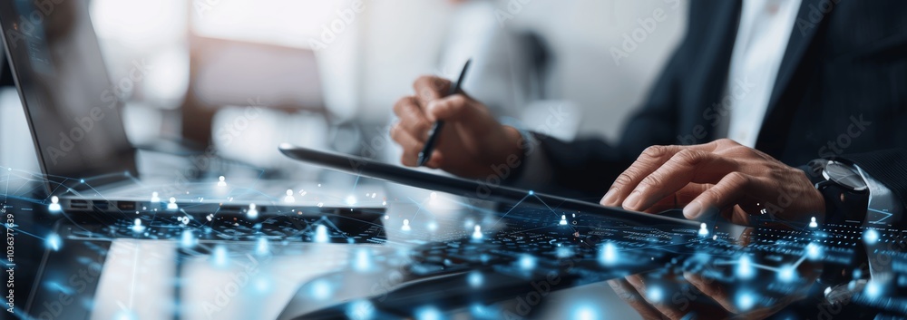 Aufkleber CRM and HR Management Businessman Using Digital Tablet for Customer Service and Recruitment Technology Connection in Corporate Global Network