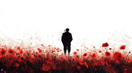 Remembrance day design background. Soldier silhouette in a poppy field