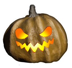 Halloween pumpkin with carved face and glowing eyes and mouth. 