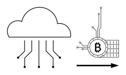 Cloud with interconnected lines and a Bitcoin symbol with digital circuitry next to an arrow. Ideal for technology, finance, cryptocurrency, blockchain, cloud computing. Simple minimalist vector