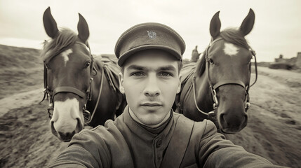 Obraz premium Soldier’s Selfie with Horses in a 1914 War Encampment