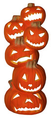 Orange stack of pumpkins with carved faces isolated on transparent background.