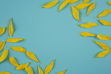 Yellow flower frame border on a blue background with copyspace