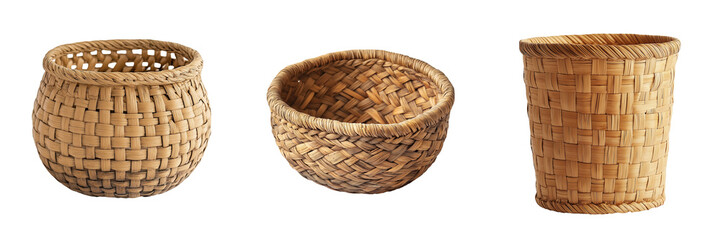 A small handwoven wicker basket with a natural finish, isolated on a transparent background
