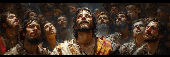 The Ascension of Jesus Christ in Hyper-Realistic Oil Painting Style with Dramatic Lighting and Emotional Gestures