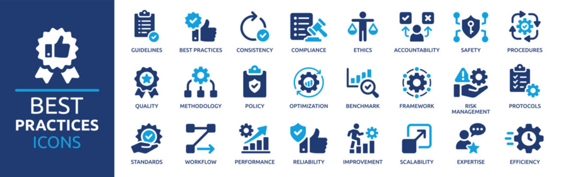 Best practices icon set. Containing workflow, guidelines, performance, standards, improvement, protocols, procedures and methodology. Solid vector icons collection.
