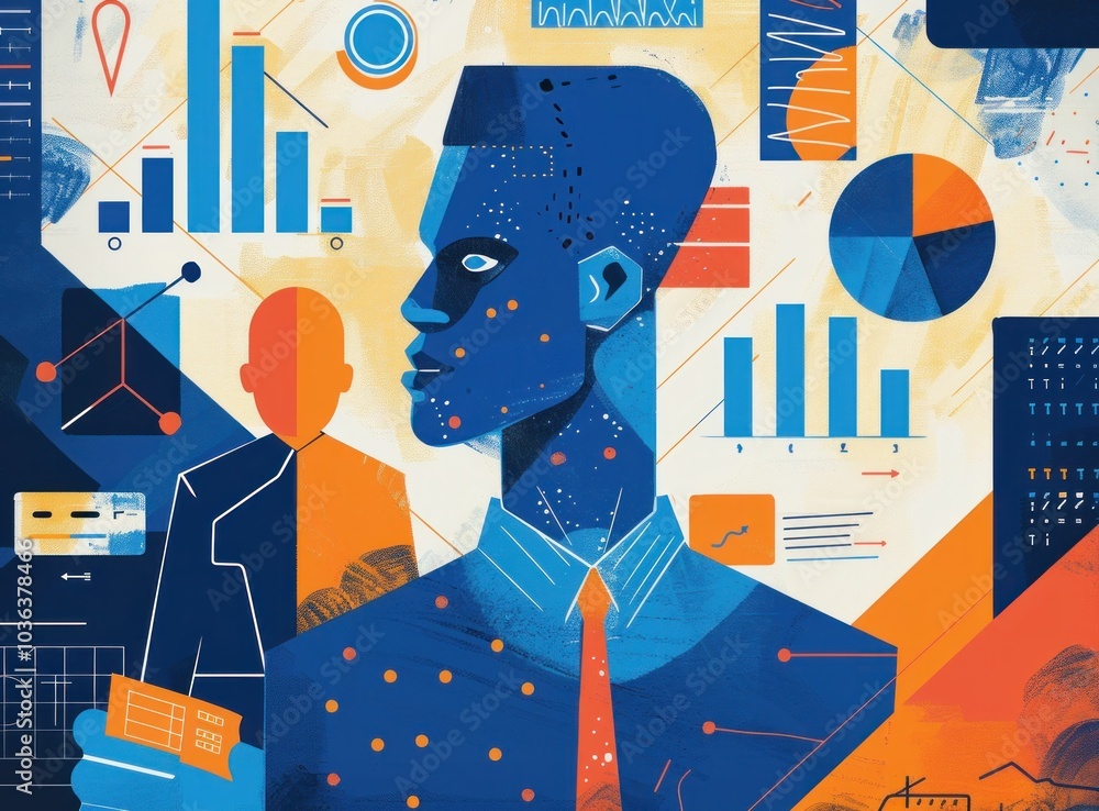 Poster business analytics concept, data visualization, and modern technology a man in a suit stands against