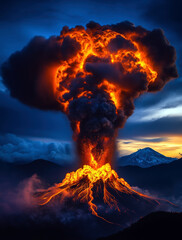 Fototapeta premium Witness the breathtaking power of a volcanic eruption, with fiery lava cascading and dark smoke filling the sky. A stunning display of nature?s might against a twilight backdrop.