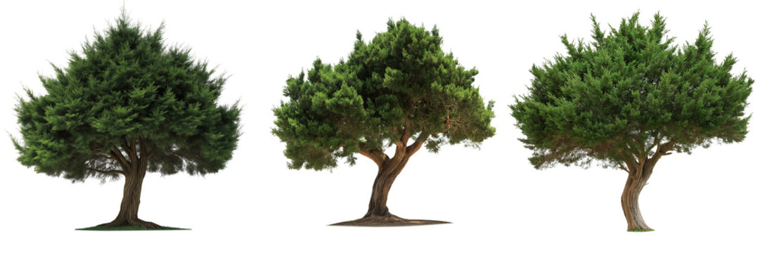 A yew tree with dark green, dense foliage and a broad, sturdy trunk, isolated on a transparent background