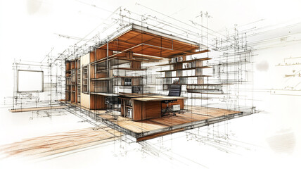 Fototapeta premium Study office plan sketch 3D drawing