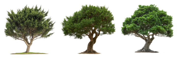 A yew tree with dark green, dense foliage and a broad, sturdy trunk, isolated on a transparent background