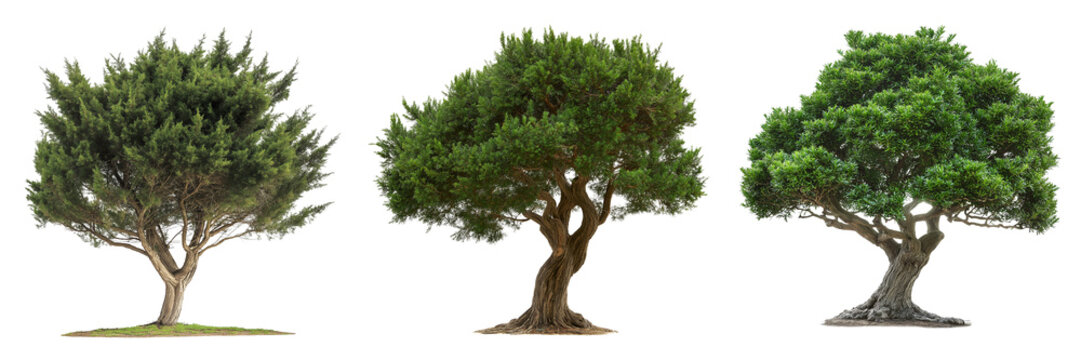 A yew tree with dark green, dense foliage and a broad, sturdy trunk, isolated on a transparent background