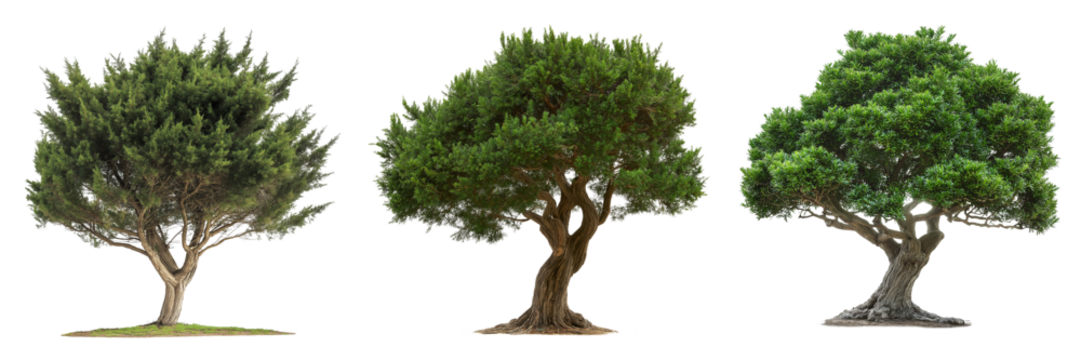 A yew tree with dark green, dense foliage and a broad, sturdy trunk, isolated on a transparent background