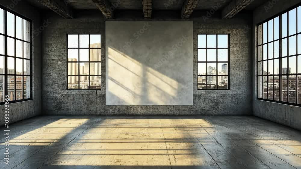 Poster a large, blank canvas hangs on a concrete wall in a spacious loft with large windows overlooking a c