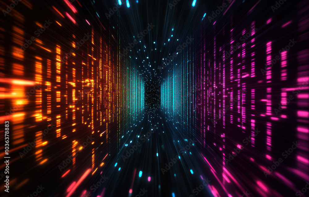 Poster explore a vibrant digital corridor filled with colorful streams of data, representing the dynamic an