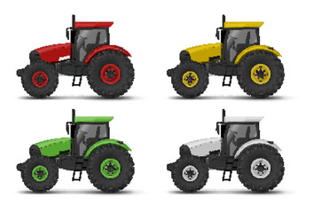 Four farm tractors in vibrant colors isolated against a white background for agricultural representation and design purposes