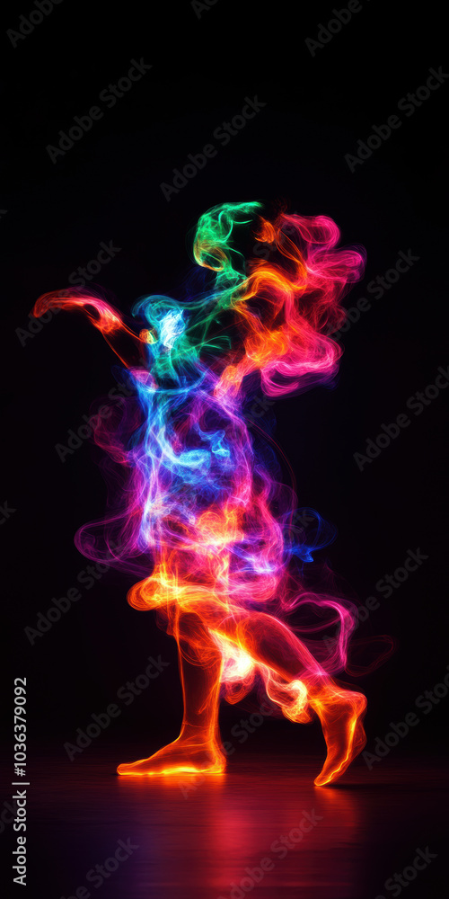 Poster an enchanting representation of dance, captured through vibrant light trails, illustrating movement 