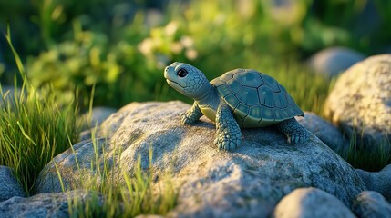 Endearing 3D Cute Baby Turtle Climbing on a Soft Pastel Colored Rock, Embarking on a Playful Journey