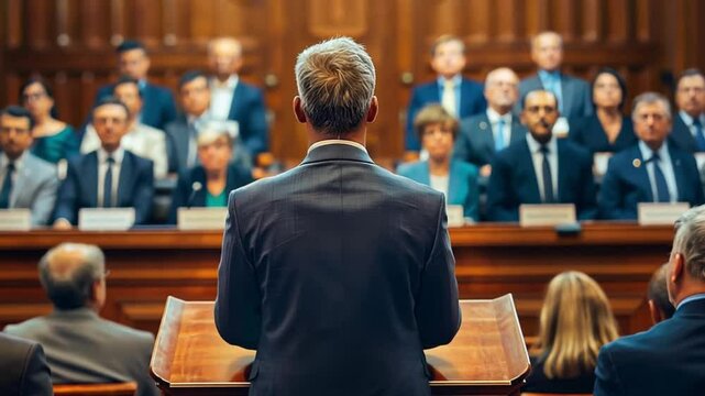 A man stands confidently at a podium, addressing a formal assembly of officials and observers in an ornate courtroom, highlighting a significant moment in legal proceedings.
