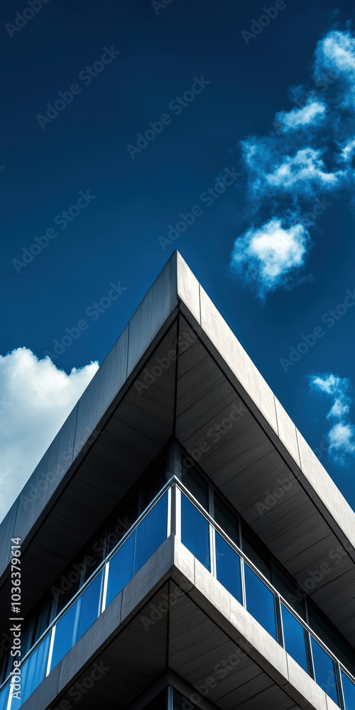 Poster a captivating view of a contemporary building's angular design against a striking blue sky with wisp