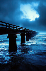 Obraz premium A captivating pier stretches into the turbulent ocean under a moody blue sky, evoking a sense of mystery and tranquility amidst the swirling waves.