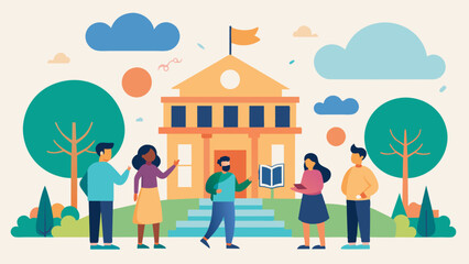 Passing by the local library the guide explains its role as a gathering place for community members throughout the years.. Vector illustration