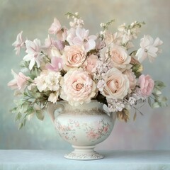 A stunning floral arrangement in a delicate porcelain vase, set against a soft pastel background for a romantic touch