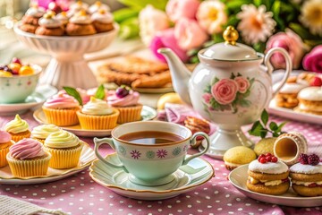 Charming afternoon tea table with cups and pastries