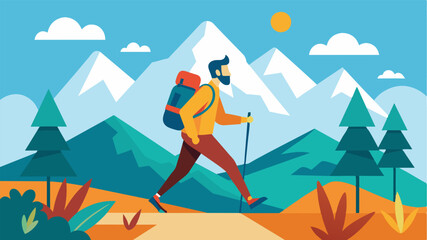 On the weekends he goes for a hike in the nearby mountains challenging his body while being surrounded by nature.. Vector illustration