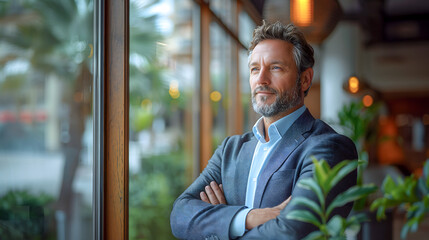 Professional confident middle aged gray hair beard handsome businessman CEO wearing stylish elegant suit standing smiling relaxed in modern office workspace successful leader charming expression