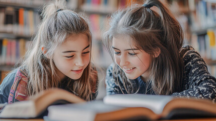 Students friends academic school university studying together in quiet library with multiple books note education teamwork concentrate learning knowledge research with book shelf behind writing paper