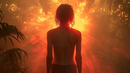 Woman Silhouette in a Tropical Jungle at Sunset